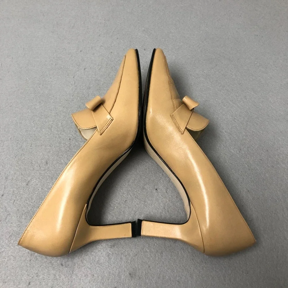 Vintage Apart Leather Pumps Womens 8.5 Beige Bow‎ Square Toe Business Career